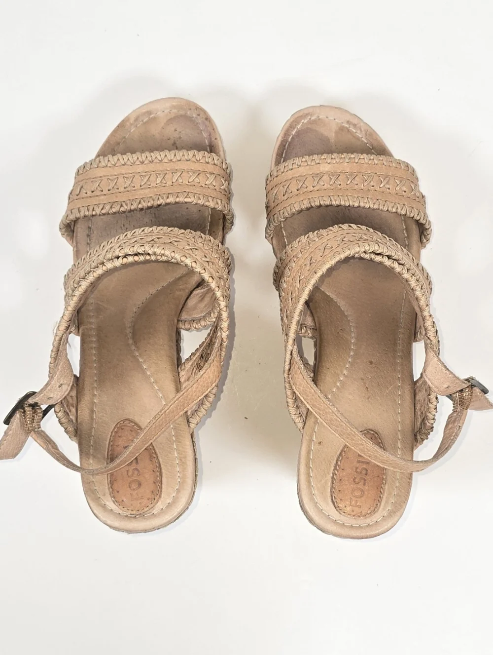 Fosil Cork Platform Sandals Tan Leather Cross-Stitch Block Heel Women’s Sz 6.5 - Picture 5 of 12